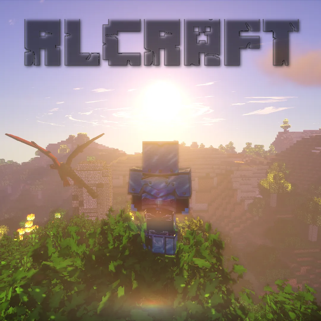 RLCraft cover art: a player in blue plate armor seen from behind, facing a sunrise over a ruined tower while a wyvern circles