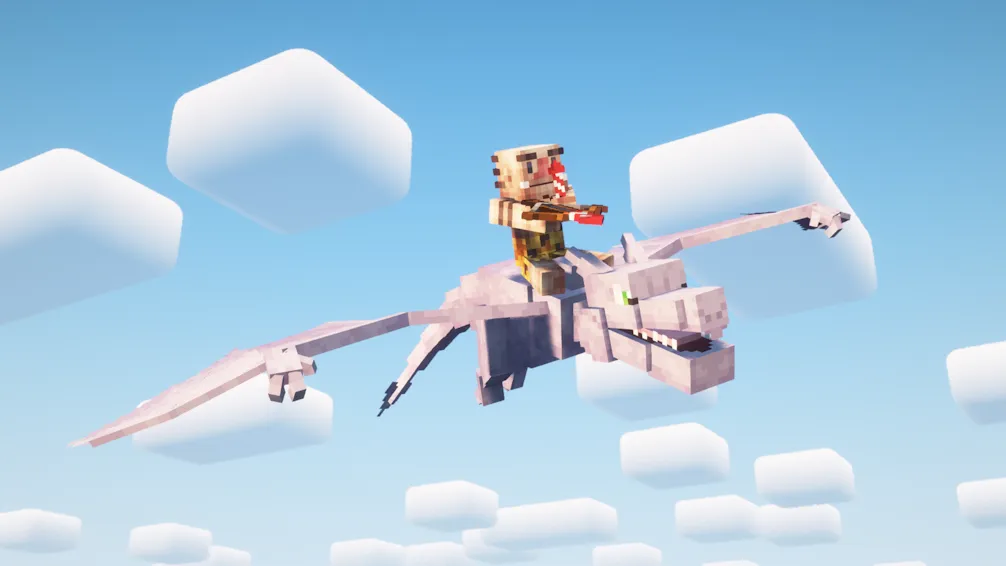 A player riding a pale winged Pokemon through a bright sky of blocky clouds