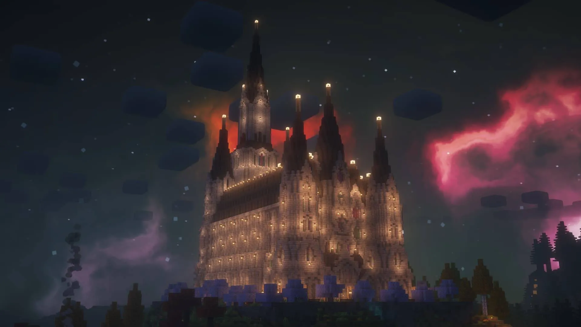 A lantern-lit Gothic cathedral with five spires against a starry night sky and red nebula clouds