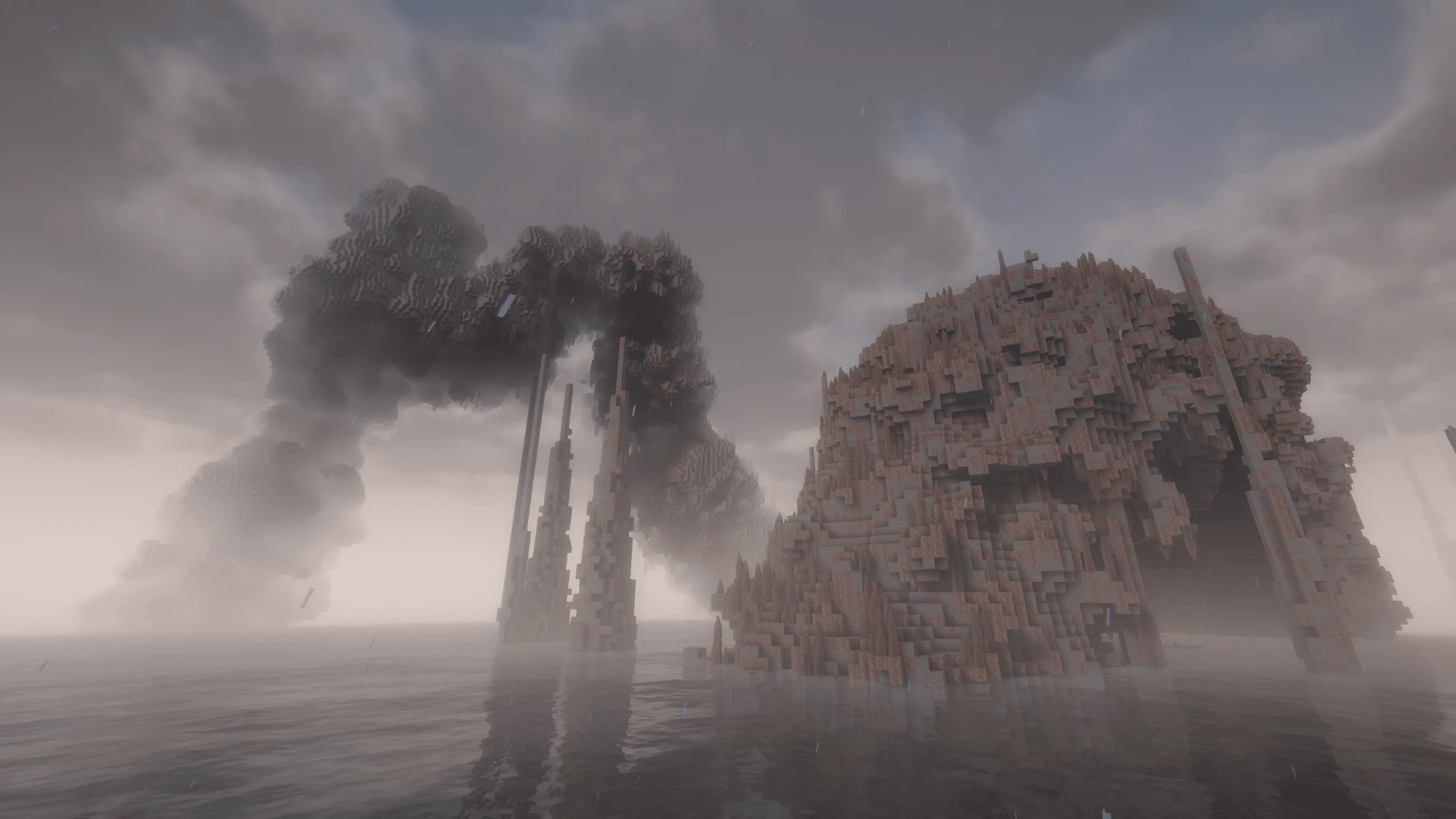 Dark rock arches and a reddish rock mass rising from still water under heavy fog and rain