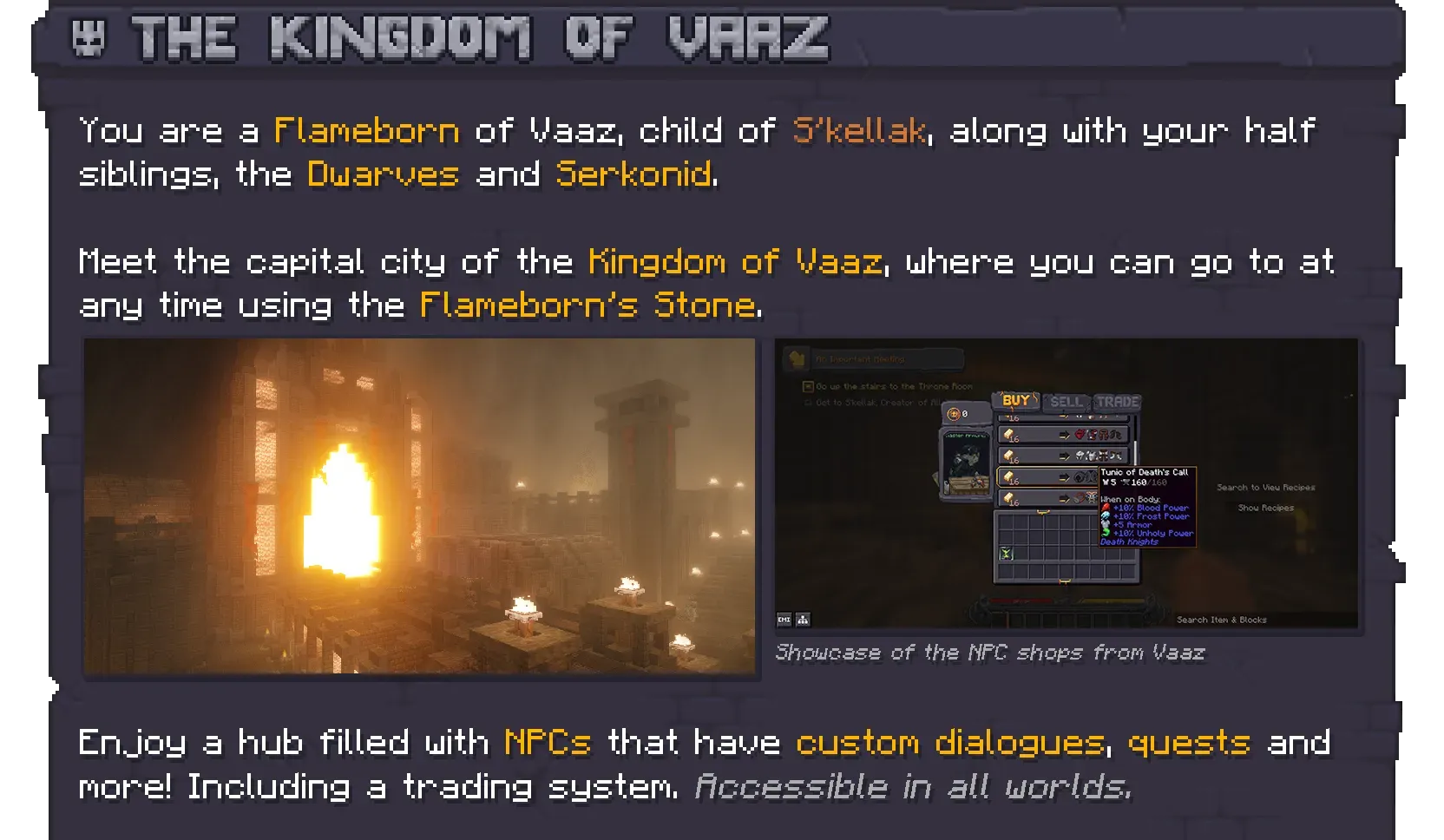 Pack artwork for the Kingdom of Vaaz: a torch-lit stone hall beside a trading menu from the capital's NPC shops.