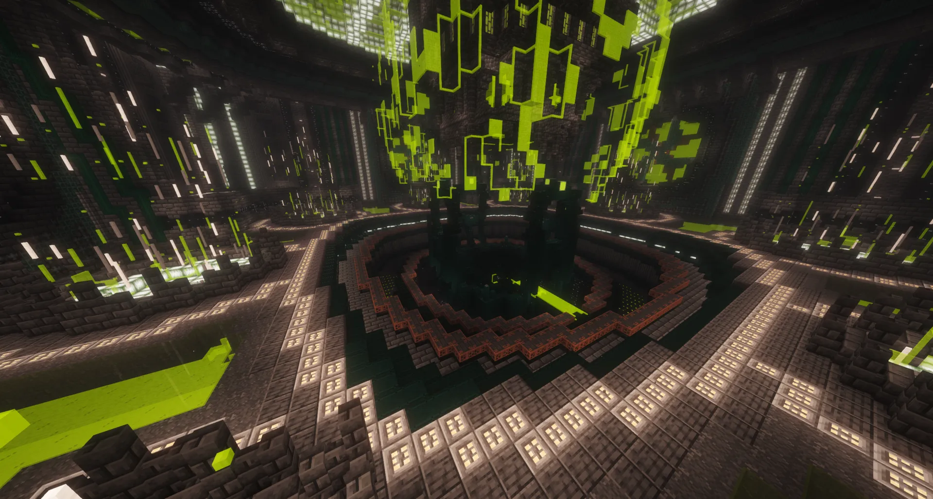 The World Engine: a round stone arena ringed in red-trimmed blocks, with lime-green glowing machinery rising from a dark pit in the middle