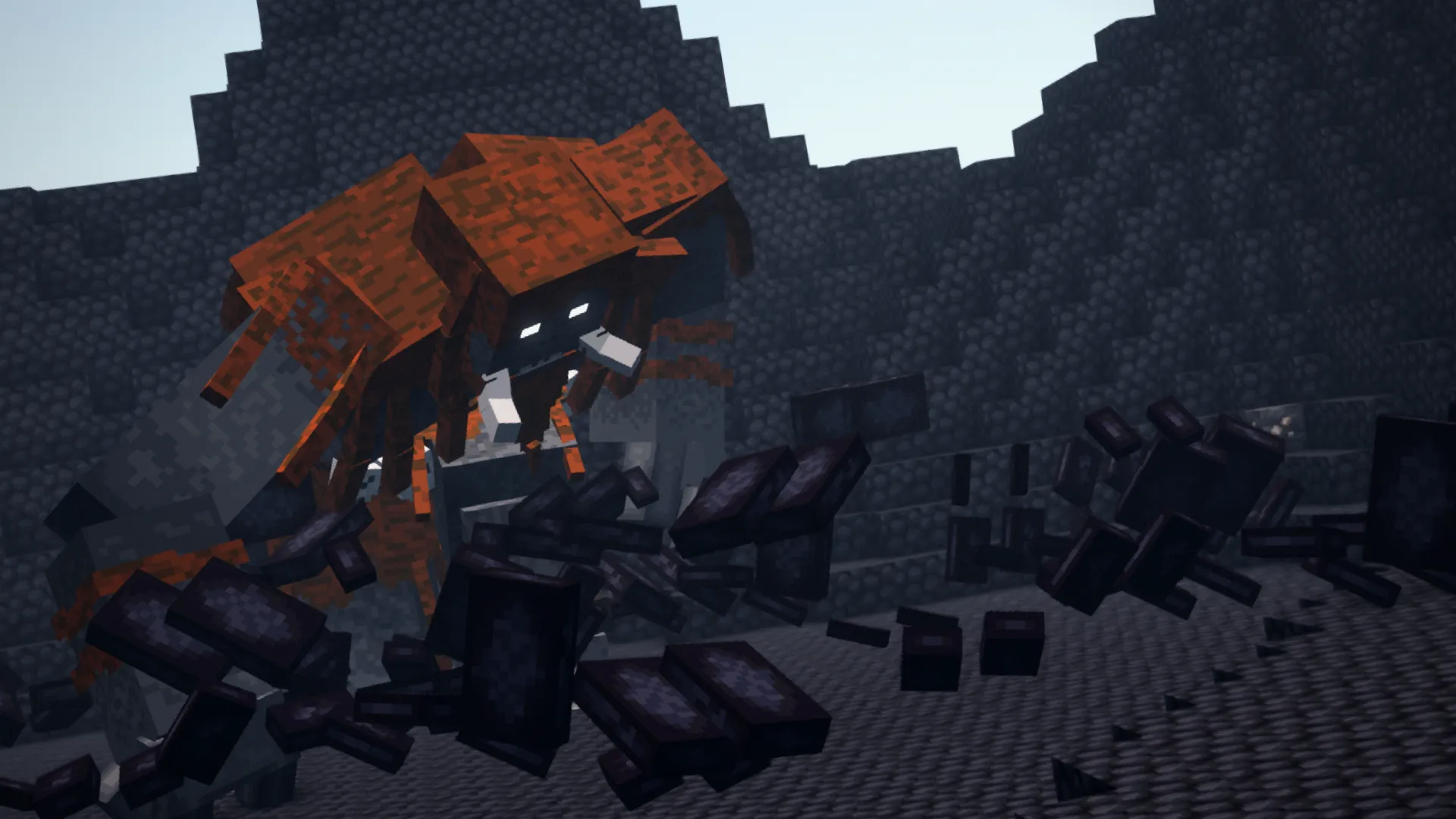 A giant rust-red spider boss rears up inside a bedrock arena while dark stone slabs burst across the floor