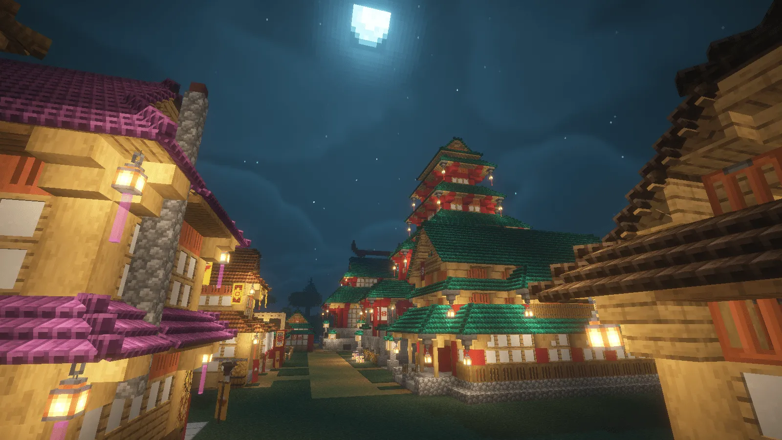 A night street of timber houses with magenta and green tiled roofs, glowing lanterns and a red pagoda under a full moon