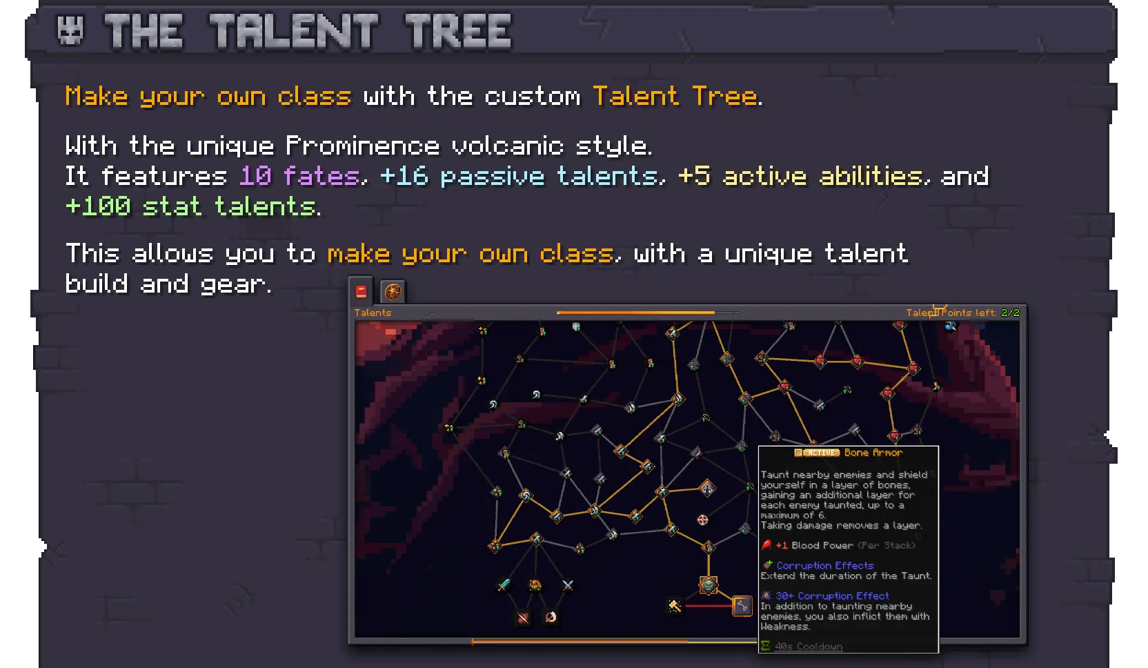 Pack artwork of the talent tree screen, a web of linked talent nodes with a Bone Armor tooltip.