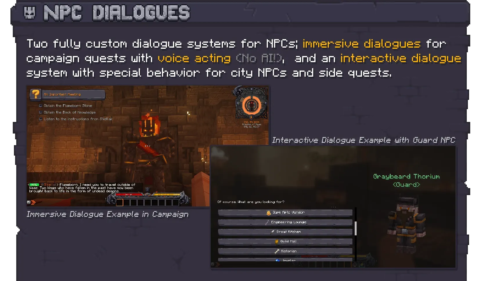 Pack artwork of two dialogue systems: a quest conversation with a flaming NPC and a guard's choice menu.