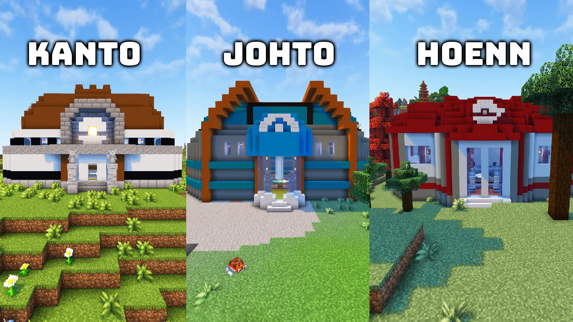 Three Cobbleverse gym buildings in a row, labeled Kanto, Johto and Hoenn