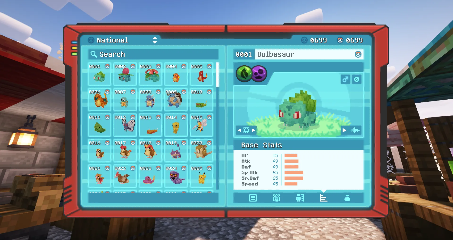 The in-game Pokedex listing the first twenty-five Pokemon, with Bulbasaur's base stats open