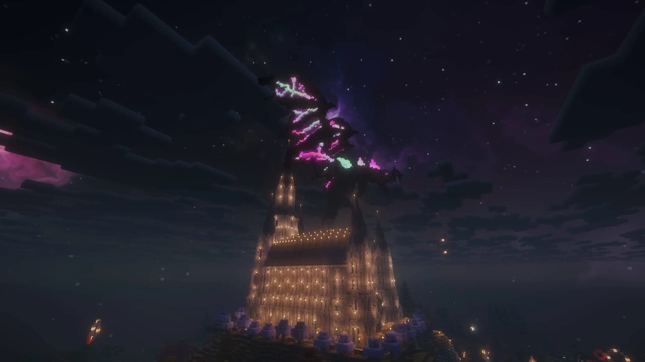A glowing Ender Dragon circling above the same cathedral under a dark purple night sky