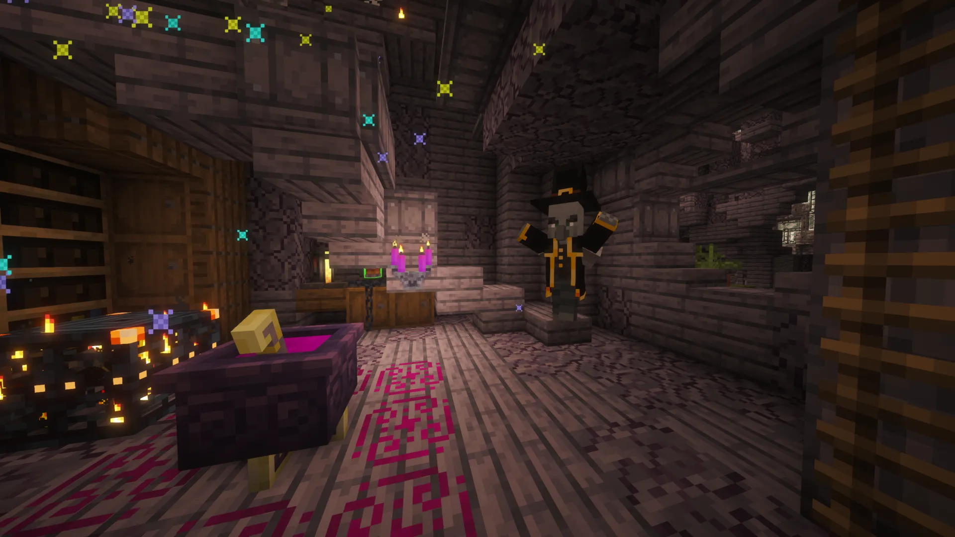 The Arcane Grove: a stone cellar with a purple cauldron, pink candles, sparkles in the air and a hatted villager waving