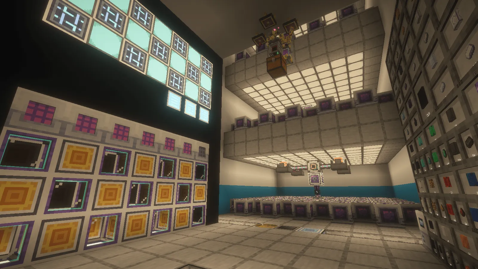Inside a storage hall: walls of framed item slots and glowing panels, with a ceiling of lit tiles and machines hanging overhead