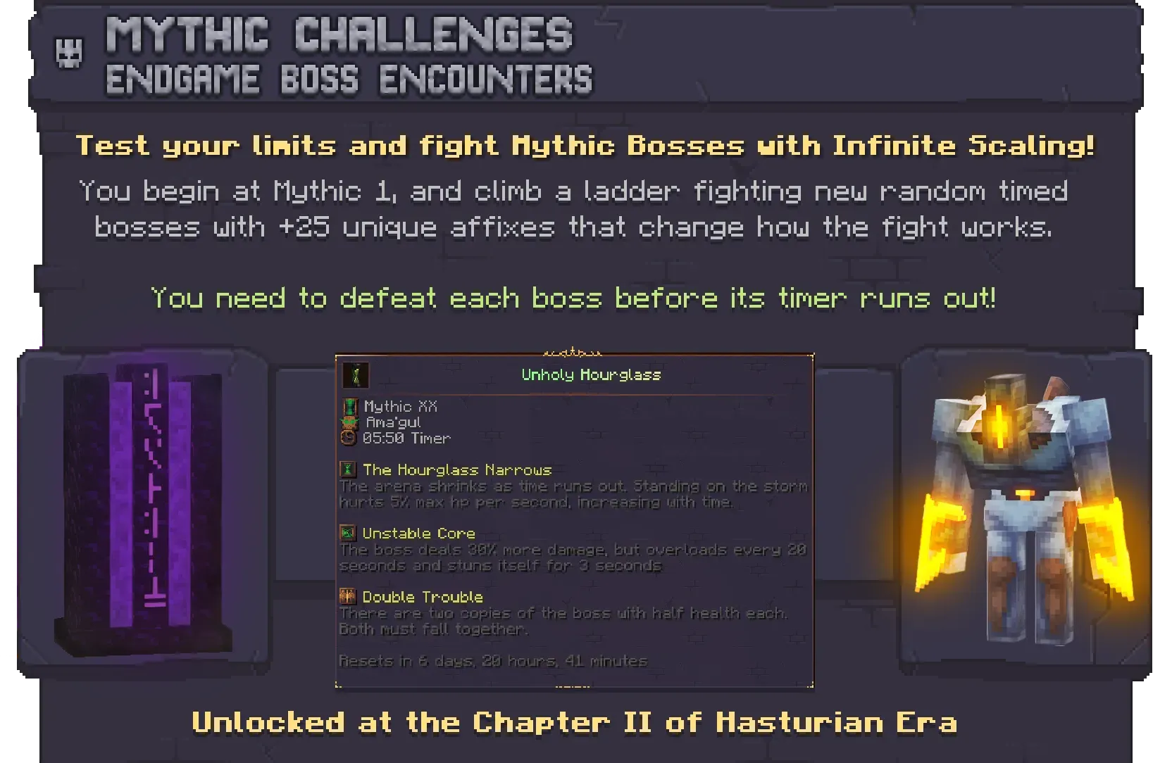 Pack artwork of Mythic Challenges: a purple portal pillar, a tooltip listing boss affixes and an armored golem with glowing hands.
