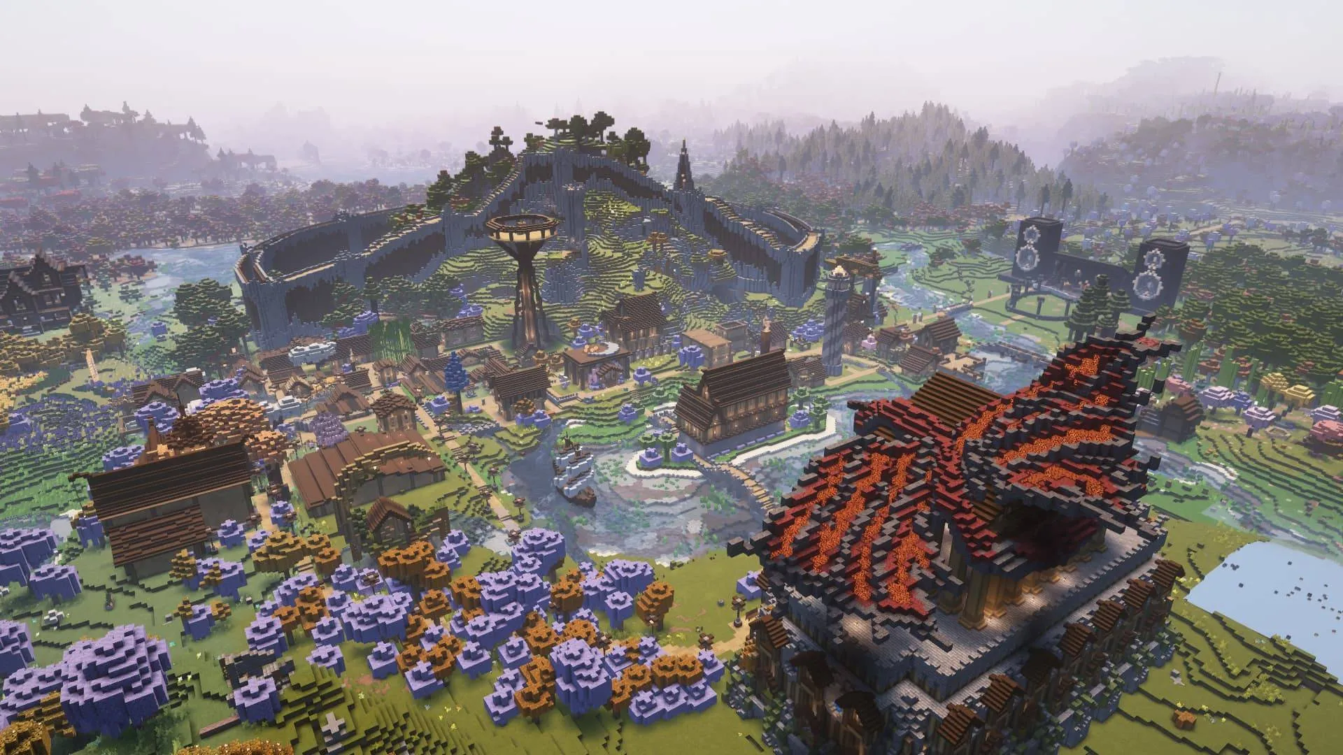 Aerial view of a walled hill town with timber houses, a canal with a sailing ship, and a lava-roofed dragon hall in the foreground
