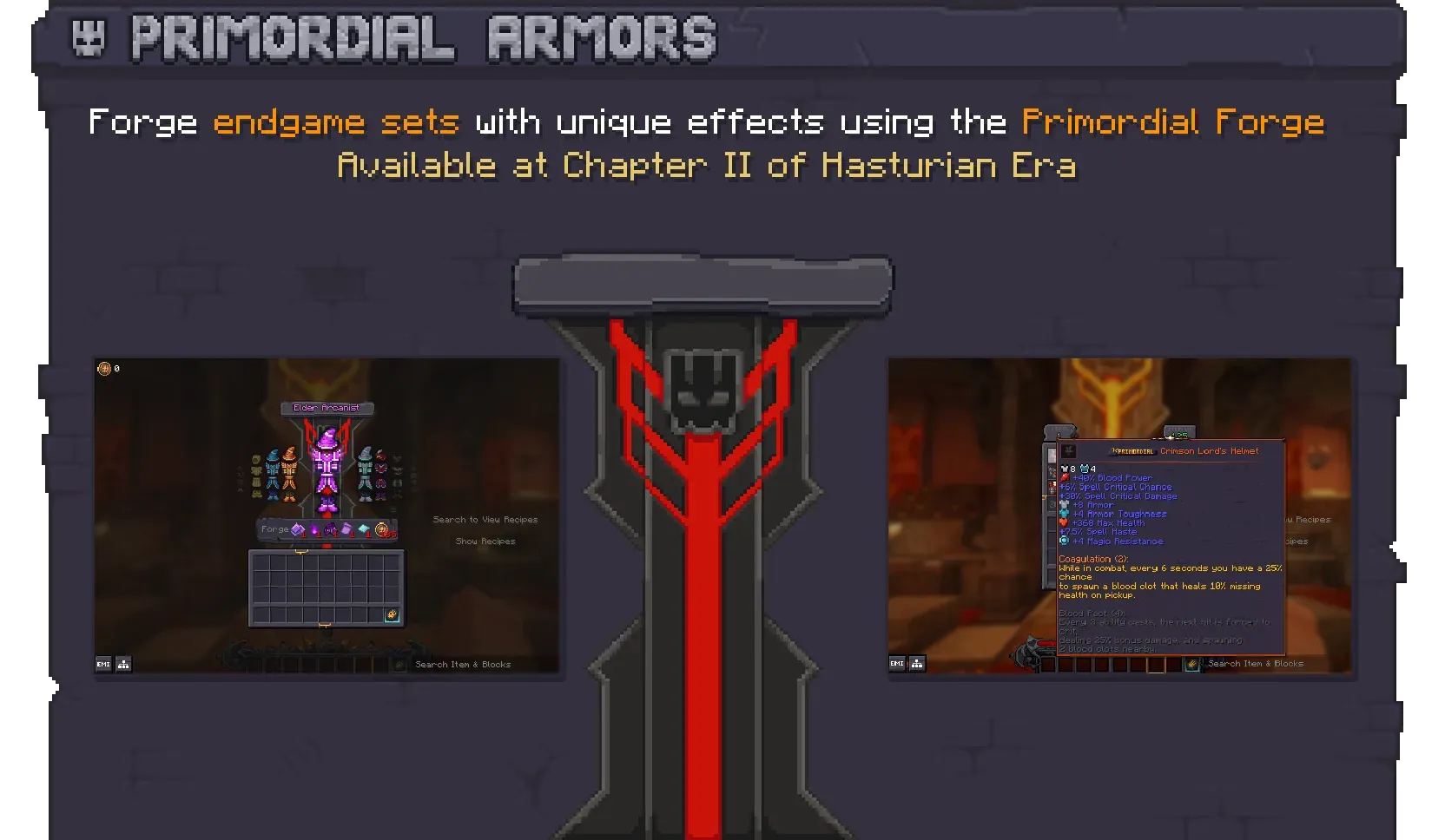 Pack artwork of the Primordial Forge: an armor-set crafting screen and a Crimson Lord's Helmet tooltip beside a red-banded forge.