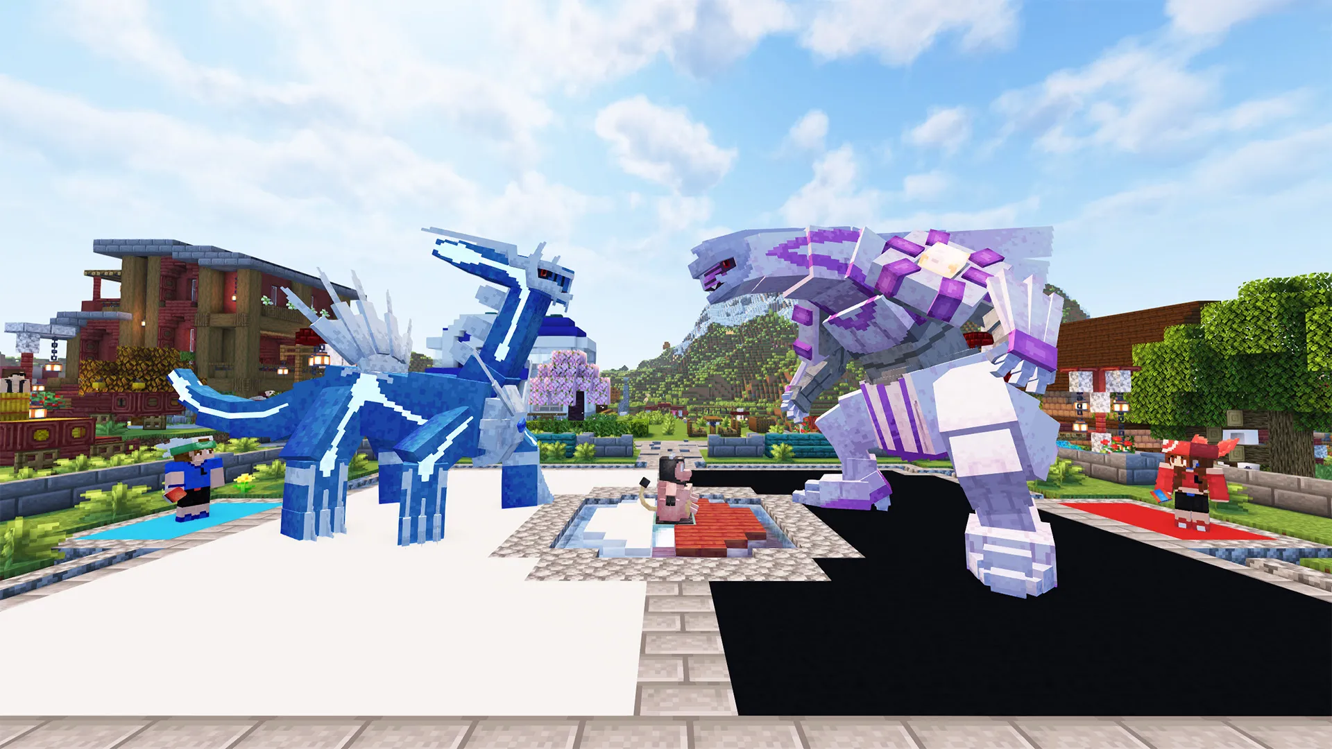 Two legendary Pokemon, Dialga and Palkia, facing off above the Cobbleverse landscape