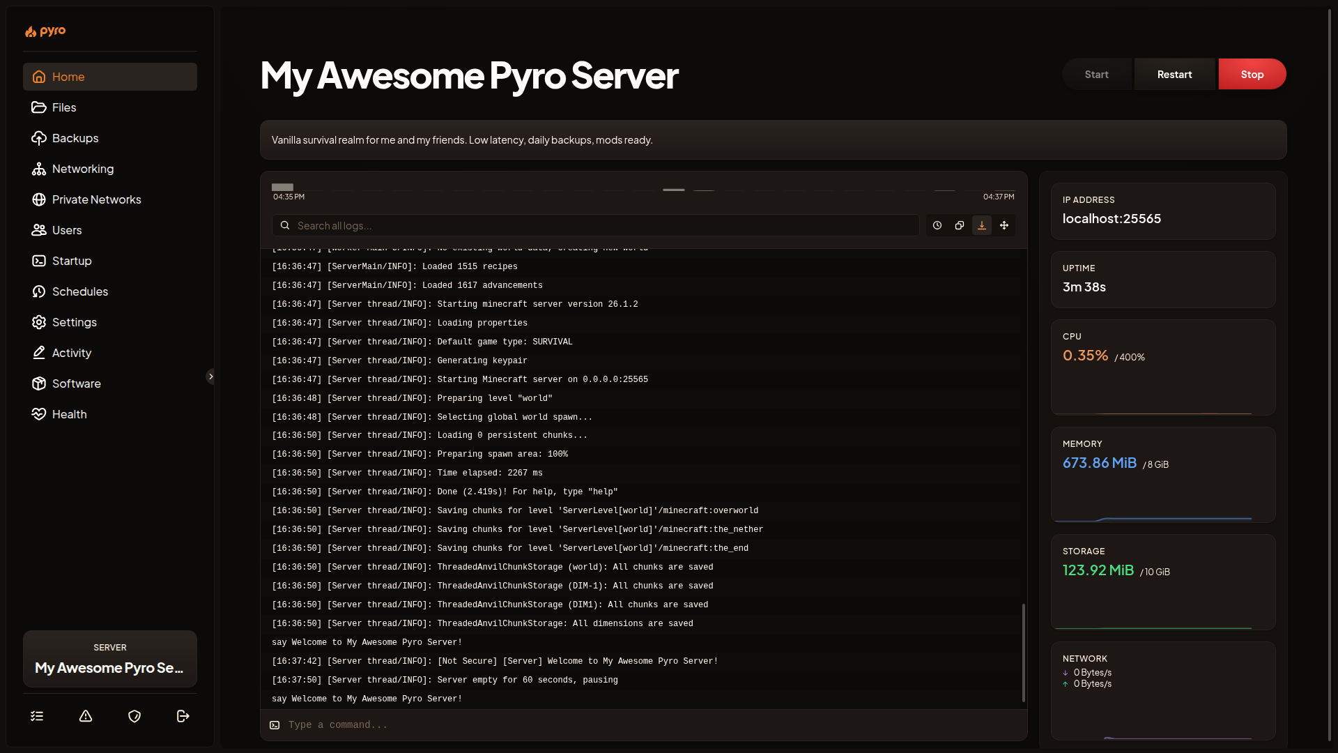 A Game Server Panel with the tab rail down the left side and Console selected