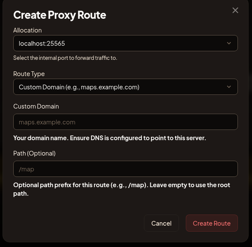 The Create Proxy Route dialog with the Allocation select and the Route Type dropdown